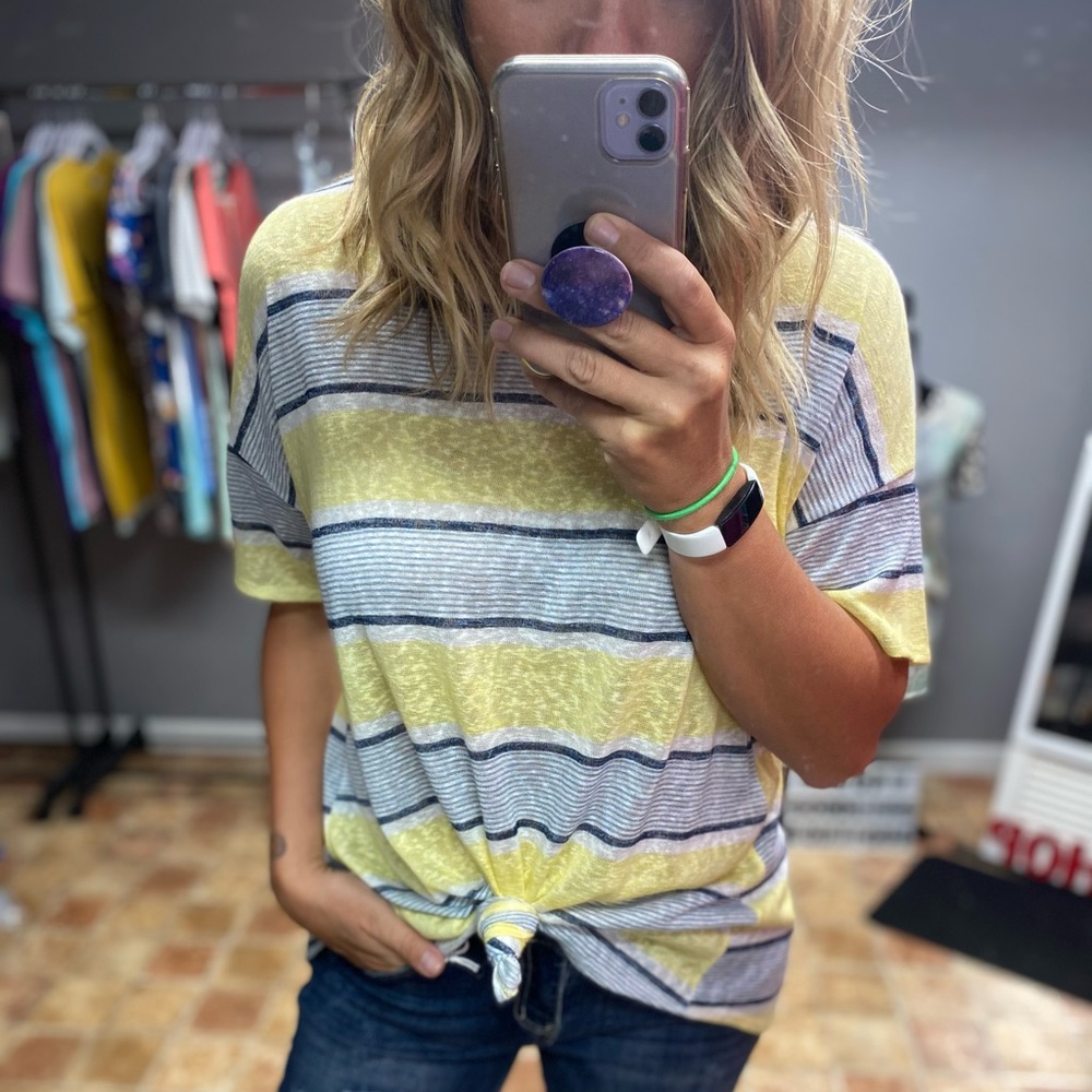 Striped Knot-Front Short Sleeve Top in Yellow and Gray